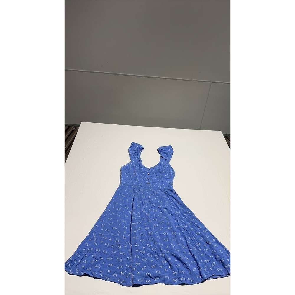 Billabong Blue Floral Summer Dress Midi Smocked Back Button Front Womens Size M